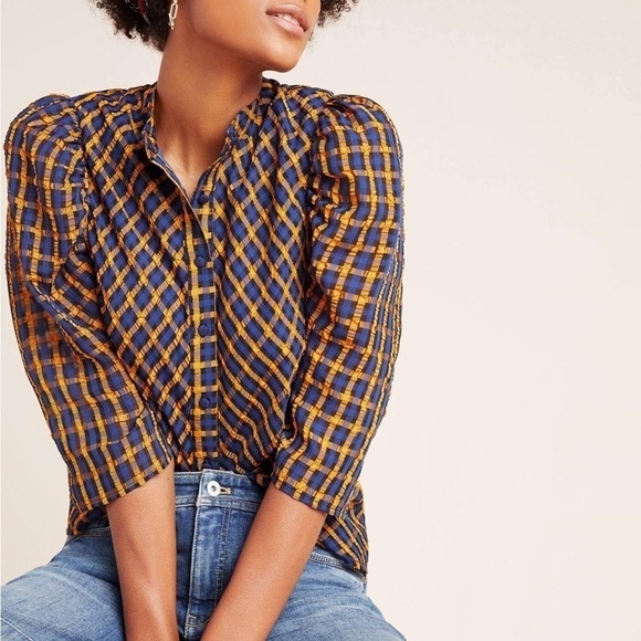 Eva Franco Anthropologie Textured Plaid Blouse Size 6 NWT Navy and Mustard - Picture 3 of 10
